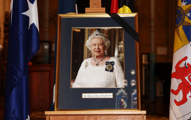 Queen Elizabeth's portrait is displayed at St. Andrew's Cathedral in Sydney