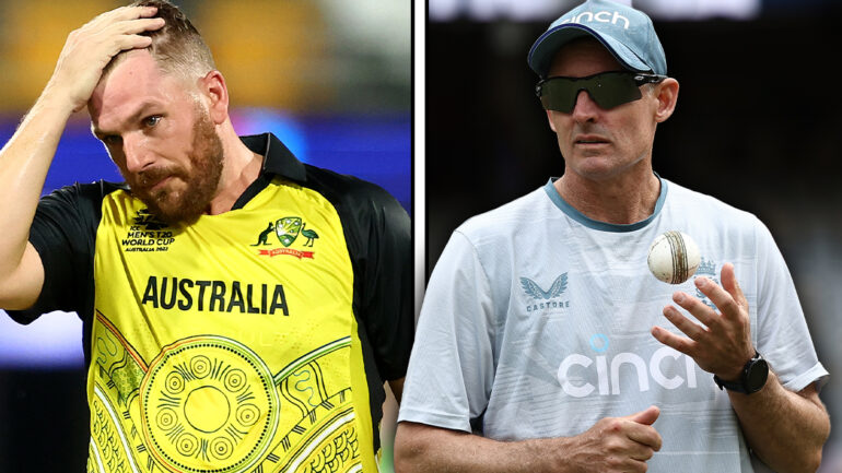 Aaron Finch looking dejected and Mike Hussey wearing an England training top. Digitally altered image, original photos by Getty Images