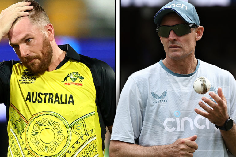 Aaron Finch looking dejected and Mike Hussey wearing an England training top. Digitally altered image, original photos by Getty Images