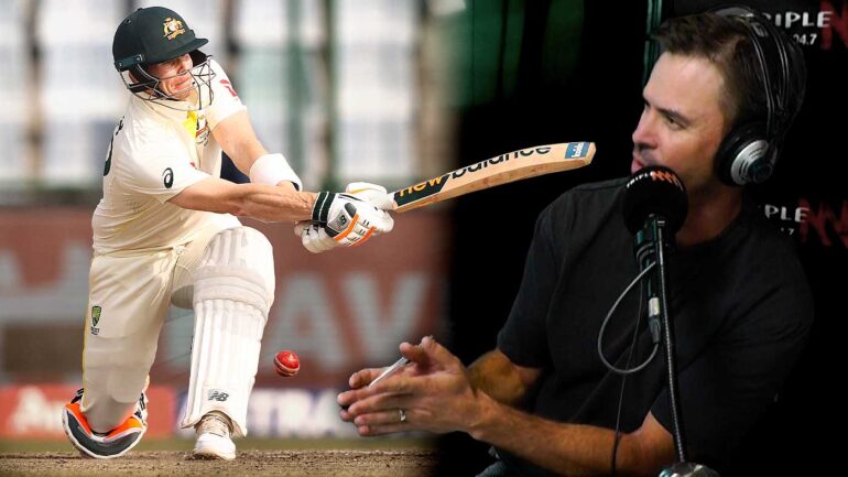 Greg Blewett in the Triple M Studio and Steve Smith missing a sweep in Delhi. This image has been digitally altered