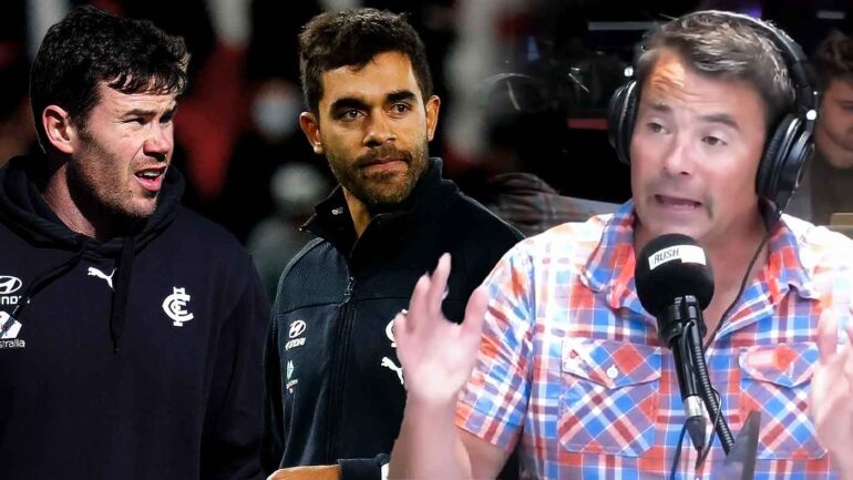 Jay Clark in the Triple M Studio, and Carlton players Mitch McGovern and Jack Martin. This image has been digitally altered