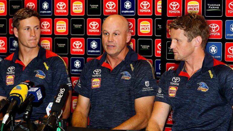 Adelaide coach Matthew Nicks fronts a press conference with incoming captain Jordan Dawson and outgoing captain Rory Sloane