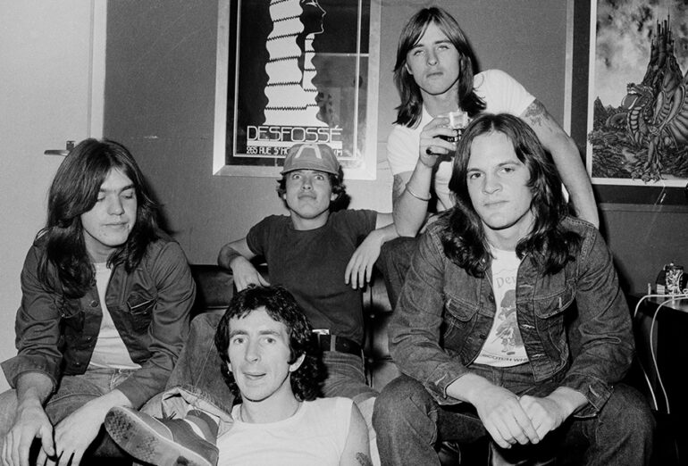 AC/DC group portrait, London, 8th April 1976. L-R Malcolm Young, Bon Scott, Angus Young, Phil Rudd, Mark Evans.