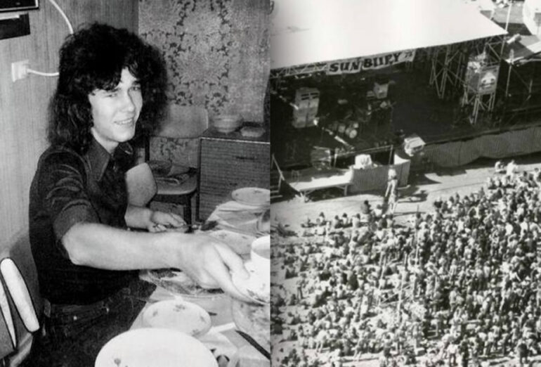 Jimmy Barnes at 16 next to an Aerial shot of the Sunbury Festival