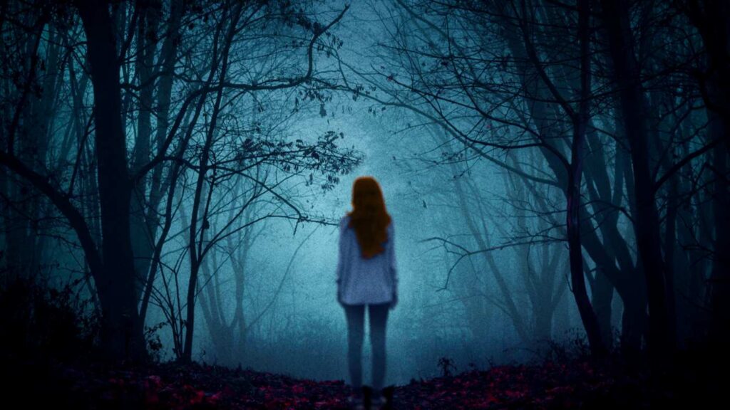 Red headed missing girl in dark forest