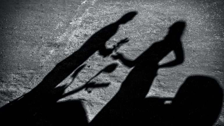 Shadow of couple on road.