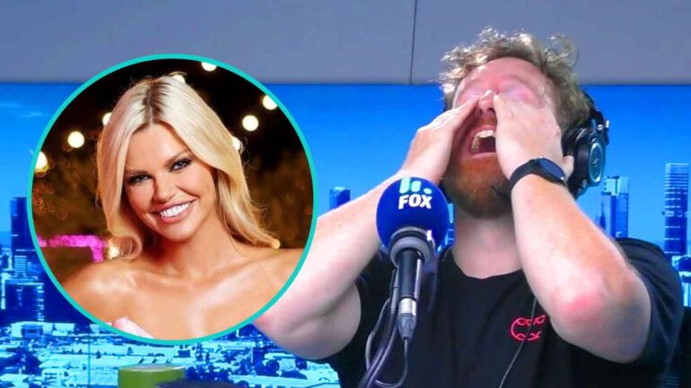 Nick Cody with hands over eyes looking disgusted, photo of Sophie Monk