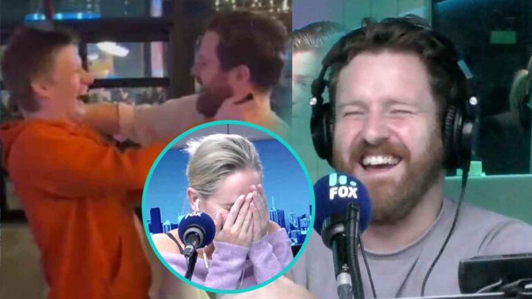 Nick Cody laughing with a throwback photo of Daniel Sloss and Nick Cody reunited in Vegas. Fifi in circle looking shocked