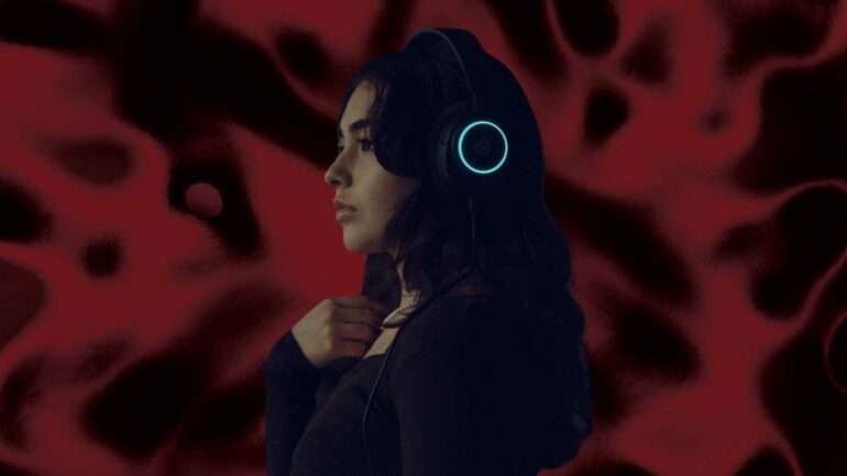 Woman with headphones listening to audio drama with red and black textured background