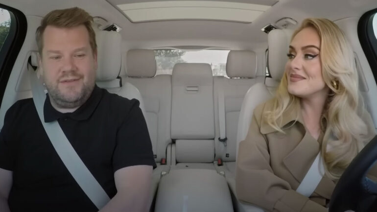 singer adele and tv host james corden in a car