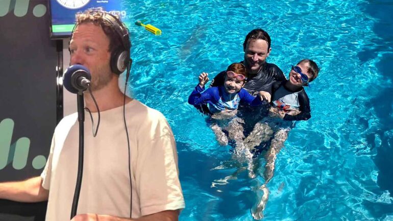 Nick Gill and his kids in the pool