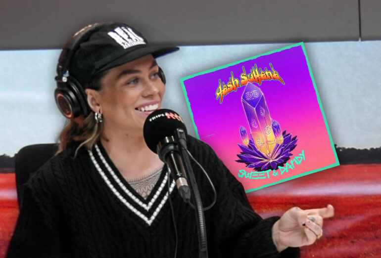 Tash Sultana pictured in the Triple M studios in Melbourne. (March, 2023) With 'Sweet and Dandy' cover art superimposed.