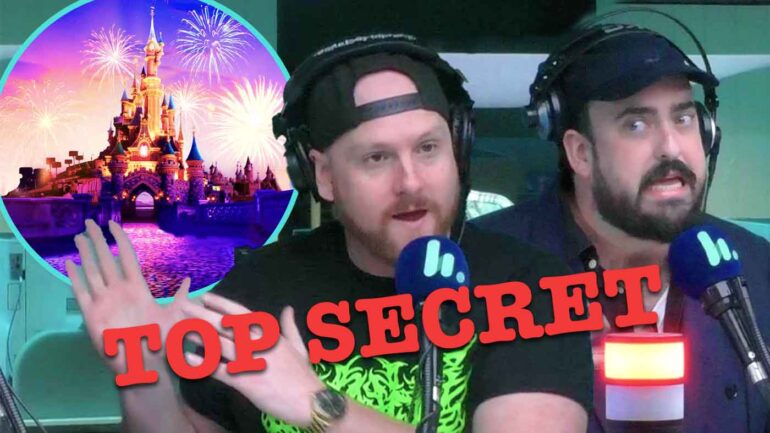 Broden & Zach in studio with a screencap of Disneyland.