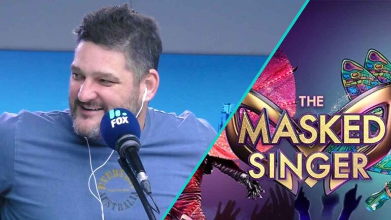 Brendan Fevola looking suspicious with a screencap of The Masked Singer logo