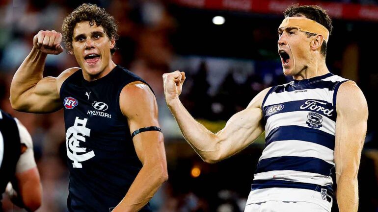 Charlie Curnow and Jeremy Cameron both celebrating goals. This image has been digitally altered