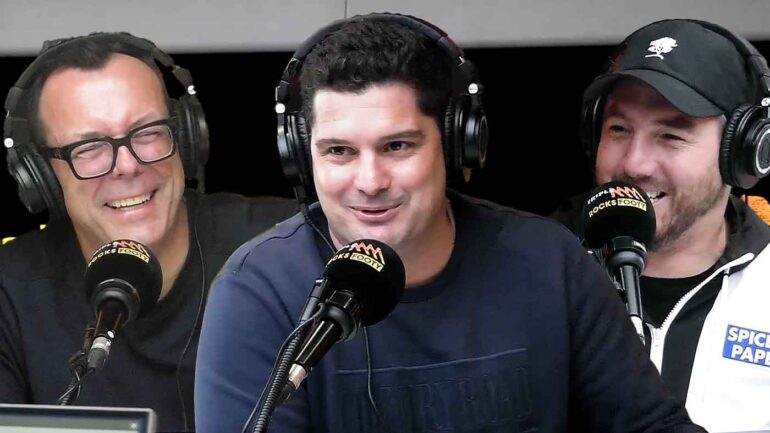 Damian Barrett, Joey Montagna, and Daisy Thomas in the Triple M Footy studio. This image has been digitally altered.