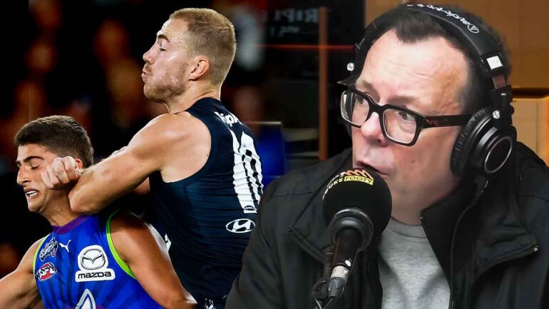 Damian Barrett in the Triple M Footy Studio discussing the AFL tribunal, and Harry McKay bumping Harry Sheezel. This image has been digitally altered