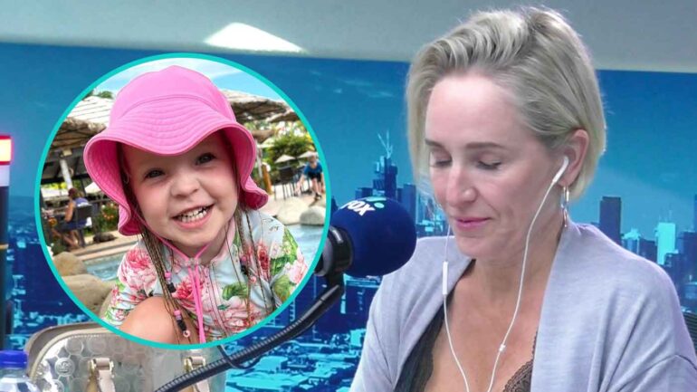 Fifi in studio closed eyes looking sad, with screenshot on her daughter at a recent Fiji holiday