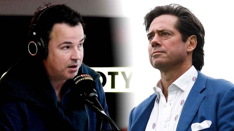 Tom Browne in the Triple M Footy studios and Gil McLachlan. This image has been digitally altered