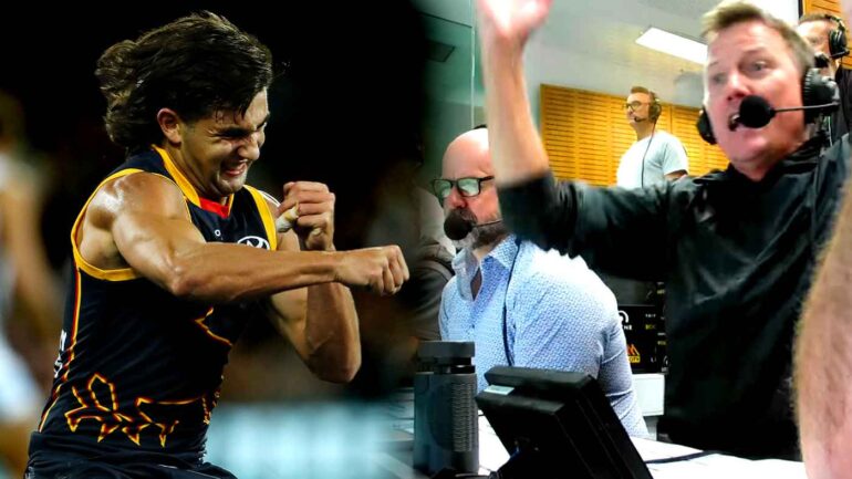 Josh Rachele celebrating a goal and James Brayshaw in the Triple M Footy commentary box. This image has been digitally edited