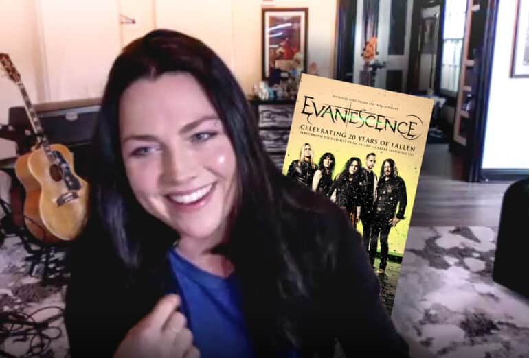 Amy Lee of Evanescence on a zoom video call with Brendo from Triple M. Superimposed is the 'Celebreating 20 Years Of Fallen' tour artwork.