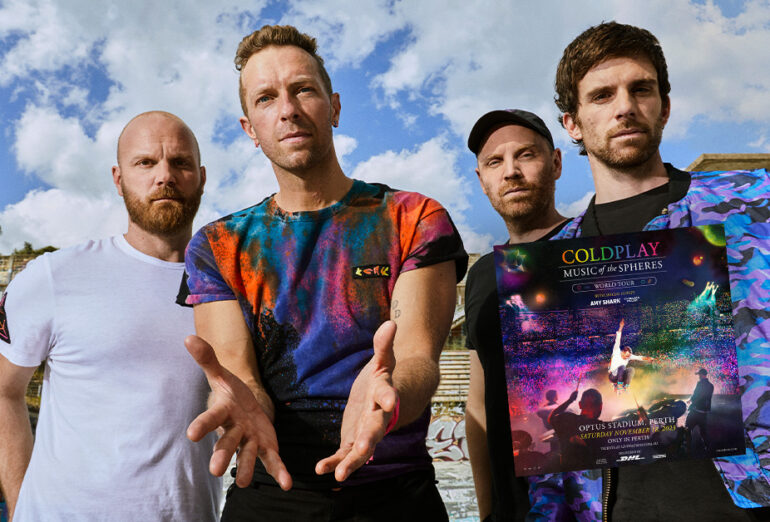 Coldplay shot by James Marcus Haney. Superimposed is the Music of The Sphere tour artwork for the Perth show.