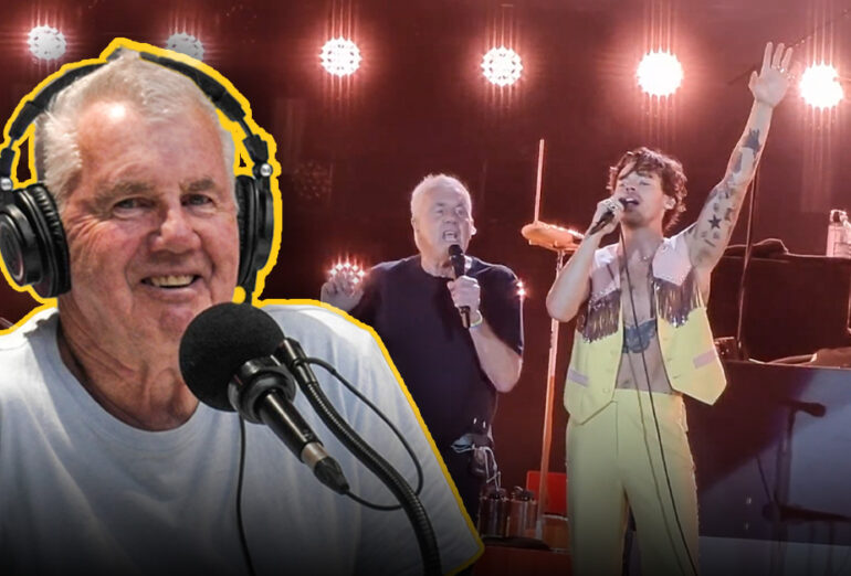 Daryl Braithwaite pictured in the Triple M Homegrown studio, next an image of himself (Daryl Braithwaite) and Harry Styles on Stage in Sydney.