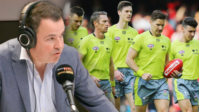 Tom Browne in the Triple M studio and umpires. This image has been digitally altered