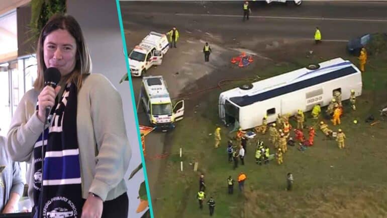 Birds-eye of Exford Primary bus crash, and teacher from the school