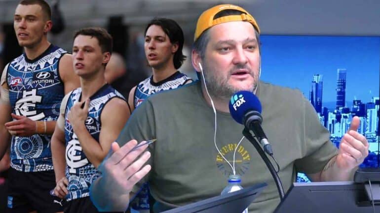 Brendan Fevola in studio with a screencap of a few Carlton players from Rd 10