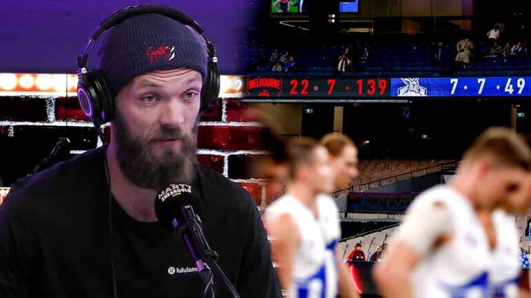 Max Gawn in the Marty Sheargold Show studio and the scoreboard of Melbourne's 90 point win over North Melbourne. Digitally altered image