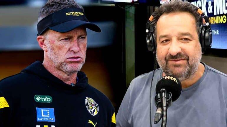 Damien Hardwick at Richmond training and Mick Molloy in the Triple M studio. Digitally altered image