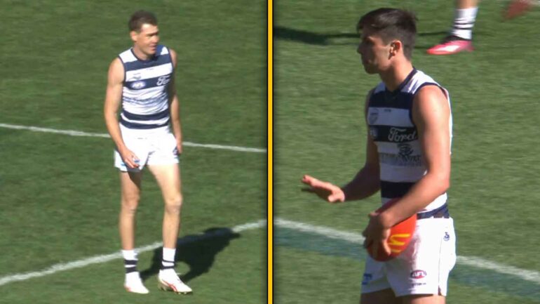 Ollie Henry tells Jeremy Cameron he's going to take the set shot against Essendon