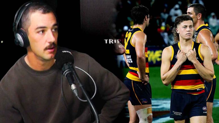 Tex Walker in the Triple M Adelaide studio and the Crows looking dejected after losing to Collingwood. This image has been digitally altered