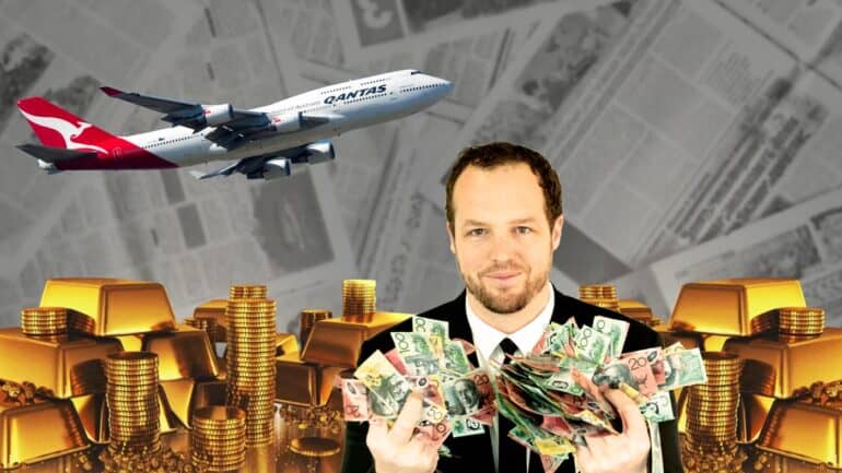 Man holding money with Qantas plane flying above