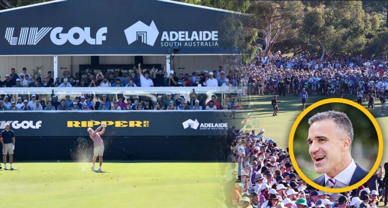 LIV Golf tour pictured with crowd, teeing off and profile picture of Premier Malinauskas