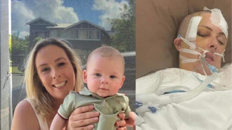 Kylee with her baby smiling on left. Kylee in coma on right.