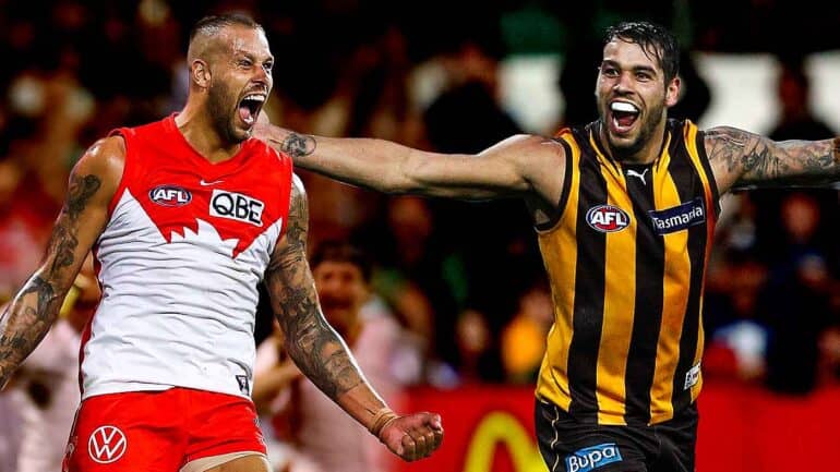 Buddy Franklin after kicking his 1000th goal as a Swan, and after kicking his 13th goal against North Melbourne in 2012 as a Hawk. Digitally altered image