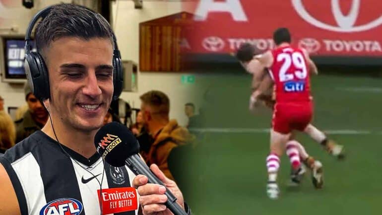 Nick Daicos in the Collingwood rooms speaking to Triple M Footy and Marty Mattner tackling Grant Birchall in the 2012 grand final. Digitally altered image