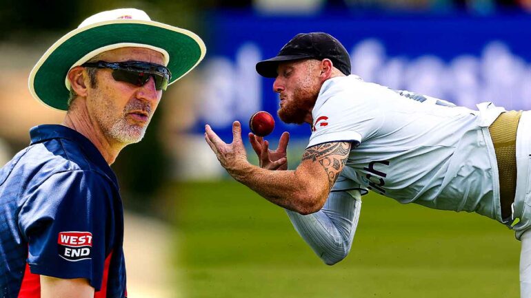 Jason Gillespie and Ben Stokes dropping a catch at Edgbaston. Digitally altered image