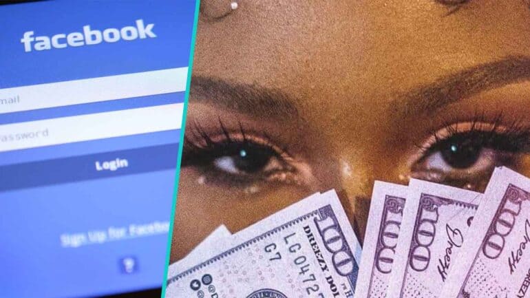Facebook on phone, mysterious female eyes behind cash (Melb Gal Pals cover photo)