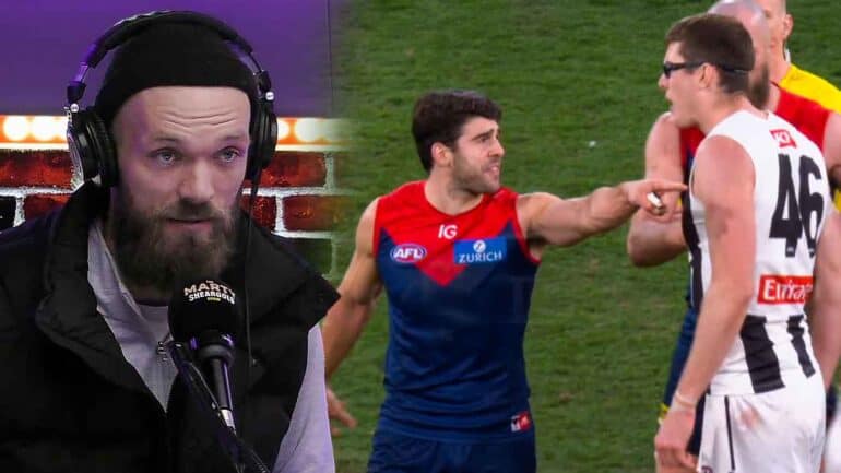 Max Gawn in the Triple M studio and Christian Petracca confronting Mason Cox. Digitally altered image