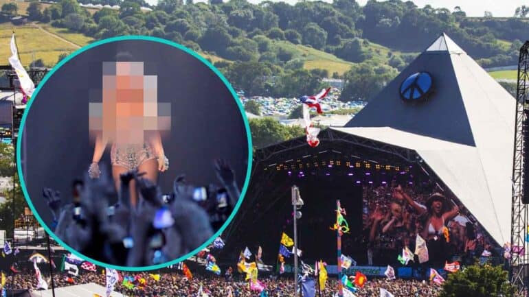 Glastonbury Festival and performer with blurred face.