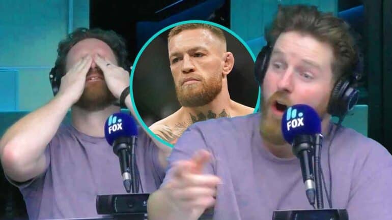 A visibly distressed Nick Cody with a screencap of Conor McGregor