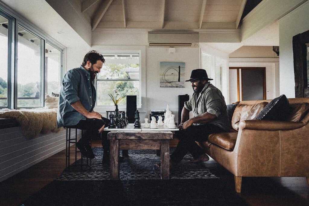 Tom Busby & Jeremy Marou of Busby Marou pictured in an Airbnb. (IMAGE: Sean Gilligan)