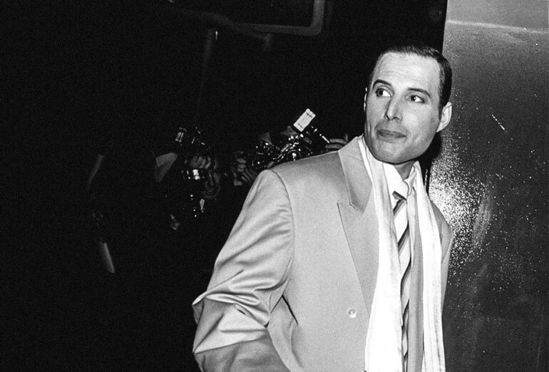 Freddie Mercury of Queen sighting on August 29th, 1990, in London, Great Britain. (Photo by Tom Wargacki/WireImage) (Monochrome edit by Kalun Townsend/LiSTNR)