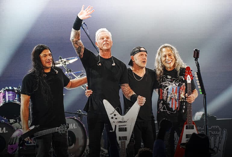 (L-R) Robert Trujillo, James Hetfield, Lars Ulrich, and Kirk Hammett of Metallica perform onstage as Metallica Presents: The Helping Hands Concert (Paramount+) at Microsoft Theater on December 16, 2022 in Los Angeles, California. (Photo by Jeff Kravitz/Getty Images for P+ and MTV)