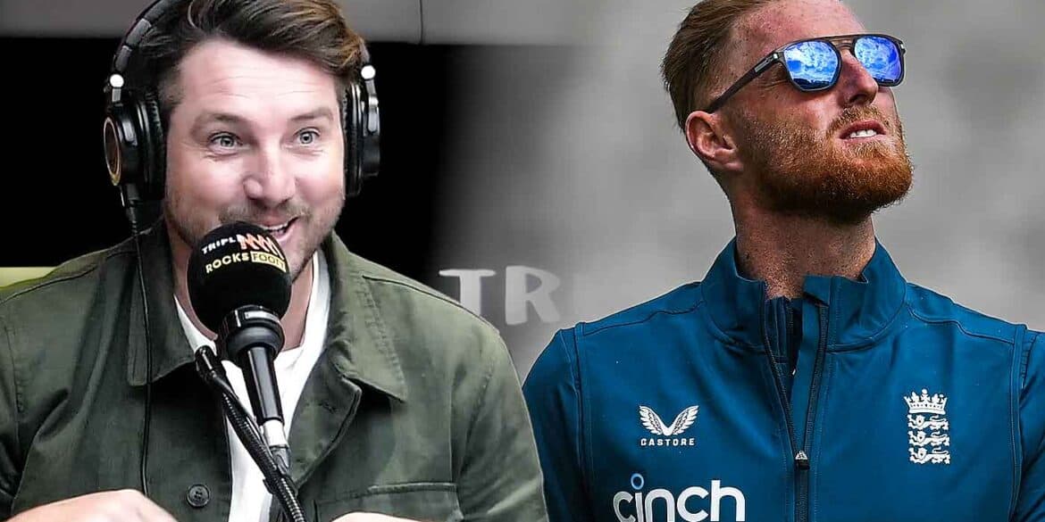 Daisy Thomas in the Triple M Footy studio and Ben Stokes at a Lord's training session. Digitally altered image