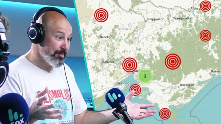 Seismologist Adam Pascale in studio, map of Melbourne's recent earthquakes