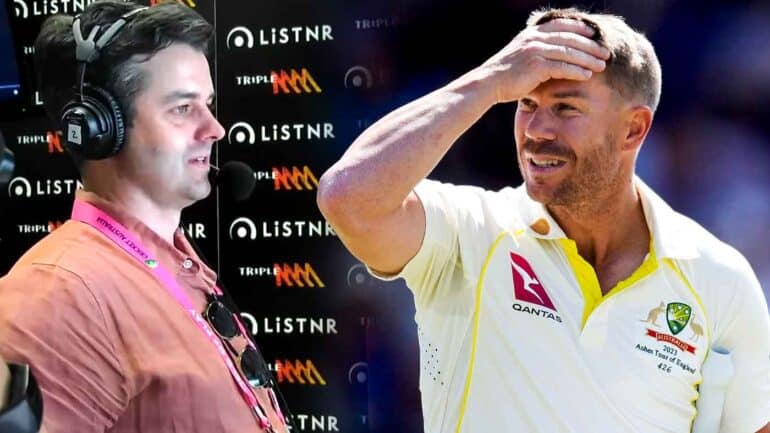 Cal Ferguson in the Triple M Cricket commentary box and David Warner after getting out at Headingley. Digitally altered image
